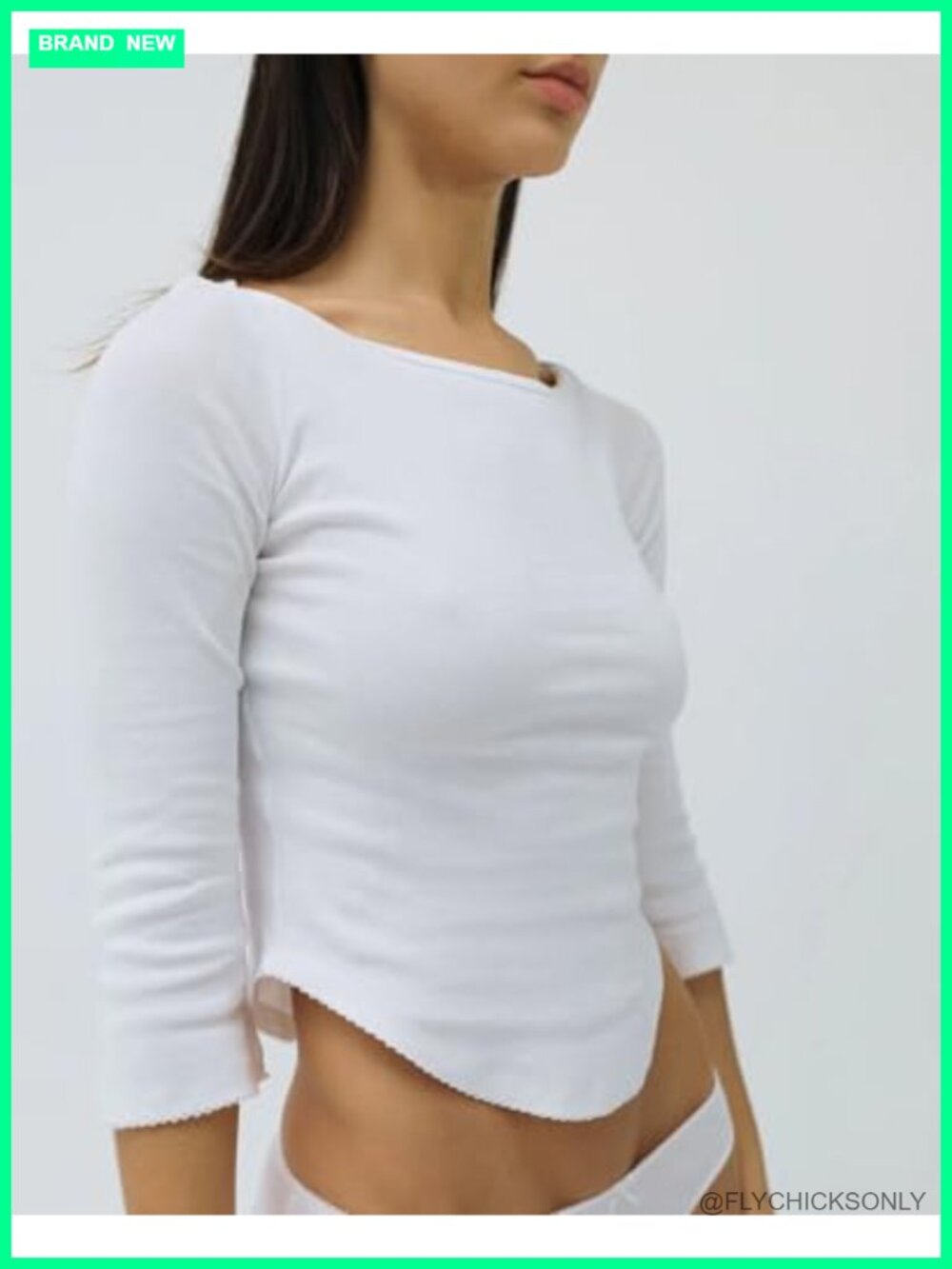 Women's Y2k Boat Neck 3/4 Sleeve Crop Top Cotton Slim Fit Curved Hem Picot Trim - Picture 2 of 6